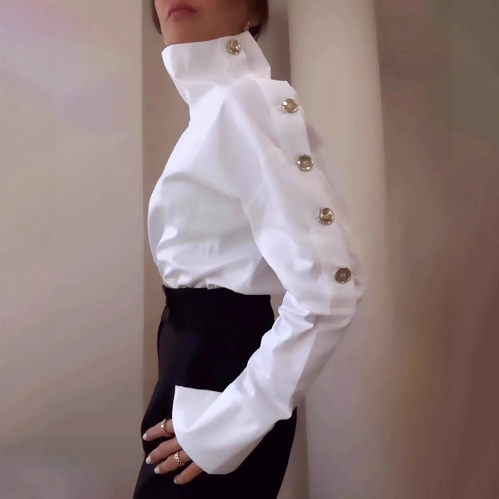 Women high-neck blouse with decorative shoulder buttons and flared cuffs StylebySassy