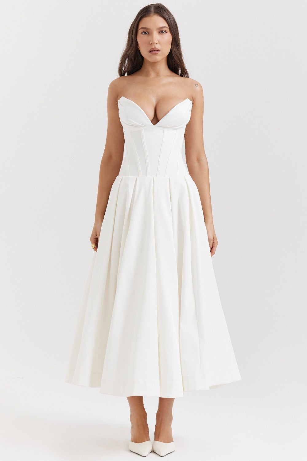 Women's strapless corset midi dress with pre-shaped bodice construction and flared circle skirt StylebySassy