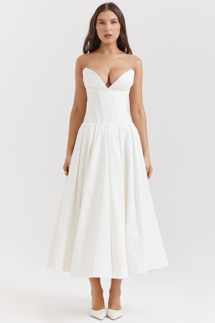 Women's strapless corset midi dress with pre-shaped bodice construction and flared circle skirt StylebySassy