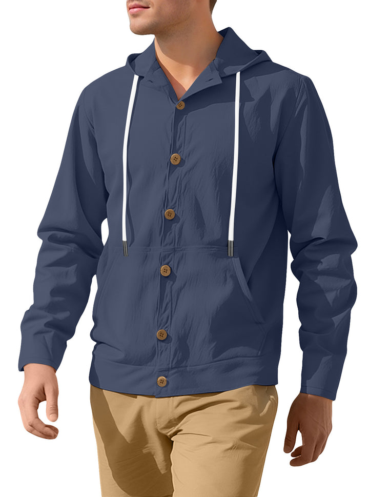 Men's lightweight hoodie jacket with button placket, kangaroo pocket, and drawstring StylebySassy
