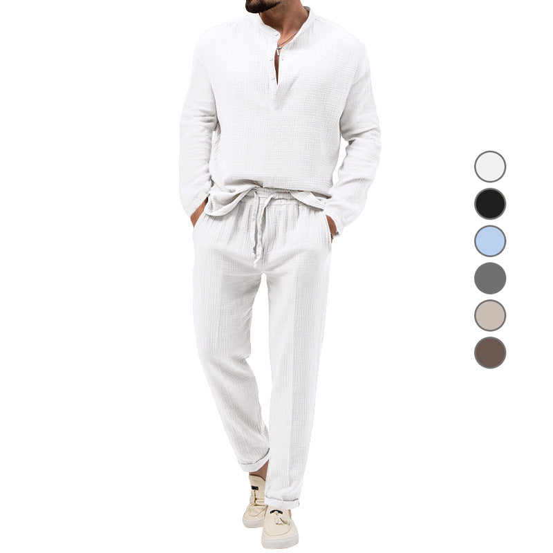 Men's muslin comfort set with semi-high collar and drawstring pants StylebySassy