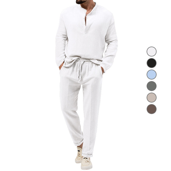 Men's muslin comfort set with semi-high collar and drawstring pants StylebySassy
