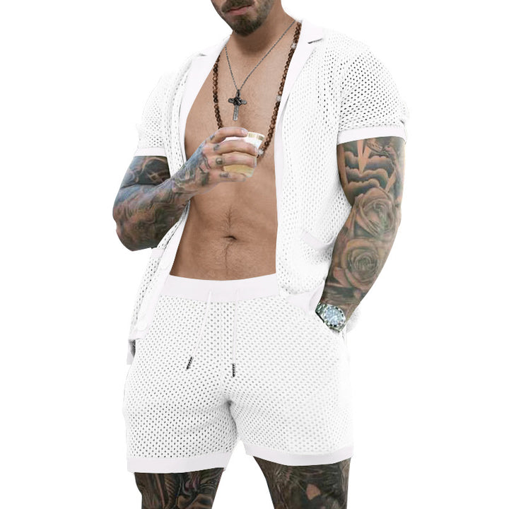 Men's open mesh knit cardigan with matching drawstring shorts StylebySassy