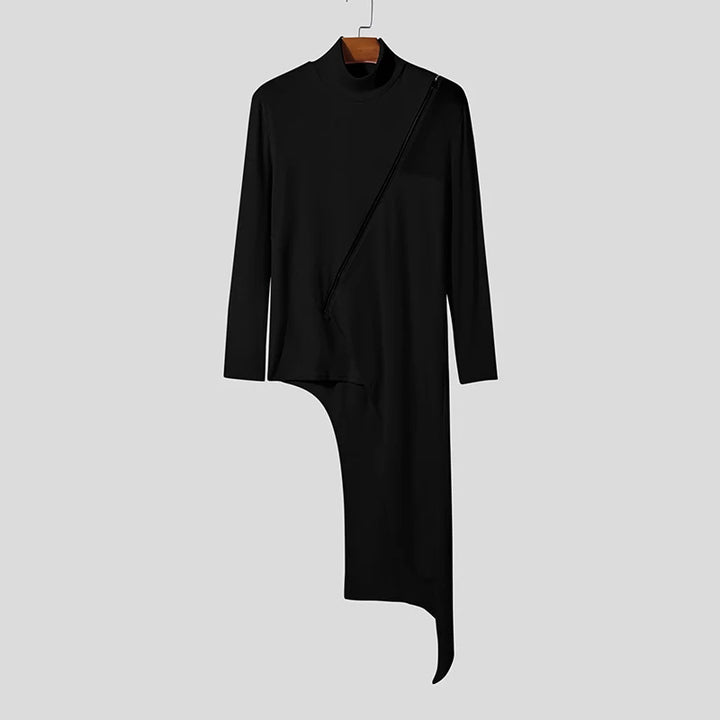 Ladies avant-garde long shirt with diagonal zipper, stand-up collar and irregular pointed hem StylebySassy
