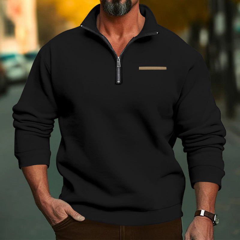Men's high-quality sweatshirt with metal half-zip, reinforced stand-up collar, and discreet chest piping StylebySassy