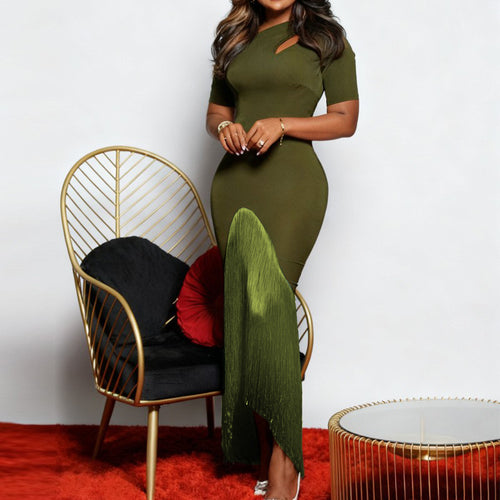 Women's maxi dress with asymmetric hem and elegant cut-out design StylebySassy