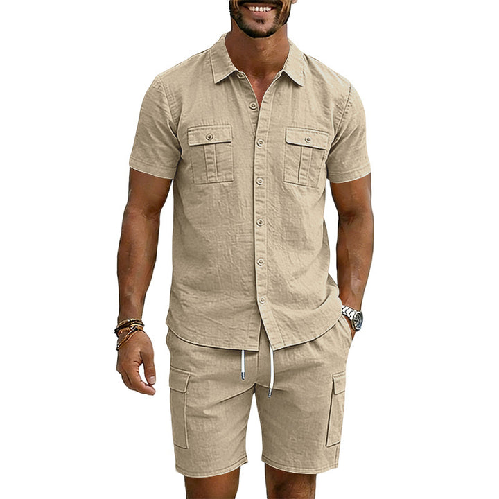 Men's summer short-sleeve shirt and cargo bermuda set made of linen blend with chest pockets and drawstring waistband StylebySassy