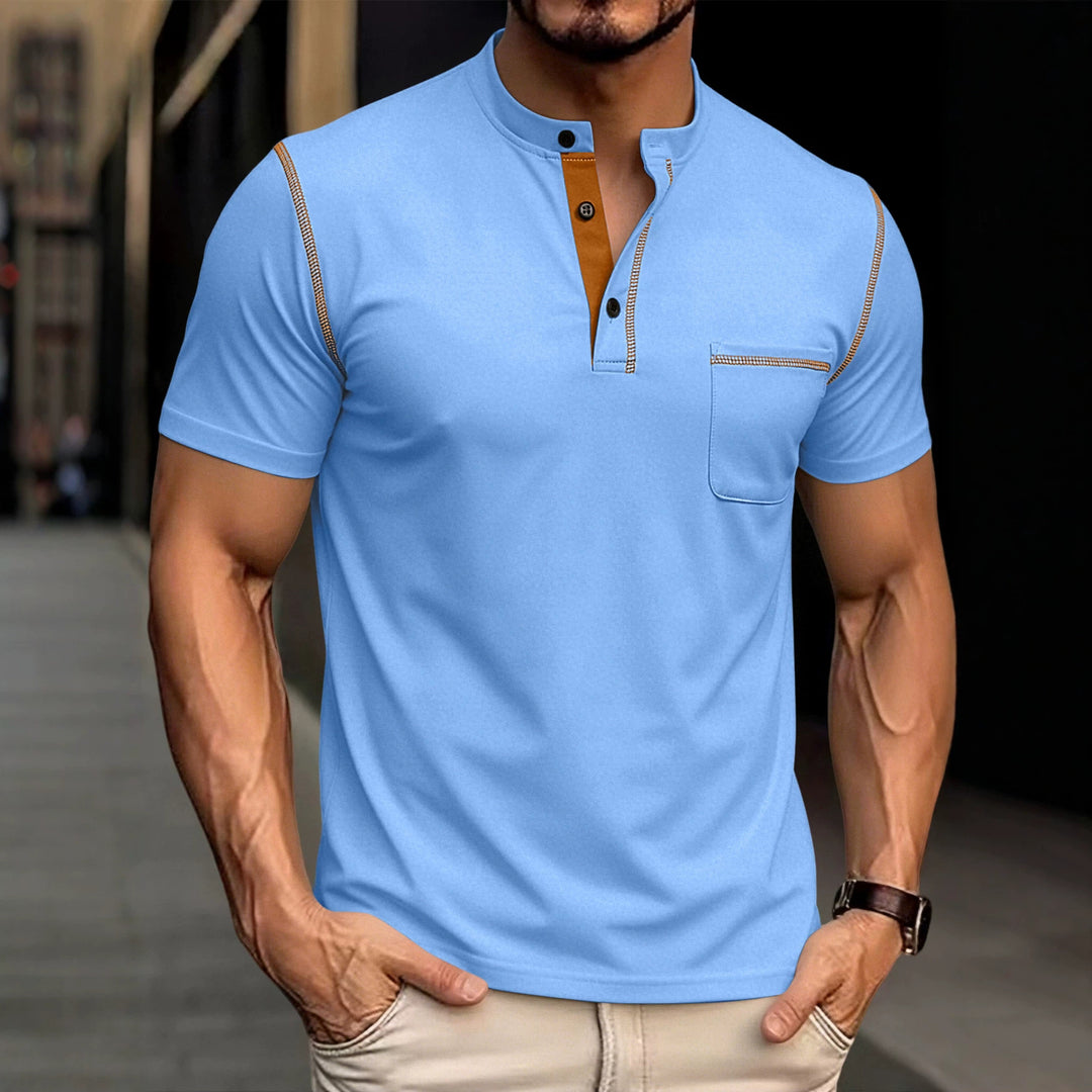 Men's short-sleeved polo shirt with stand-up collar button placket chest pocket made of elastic cotton blend StylebySassy