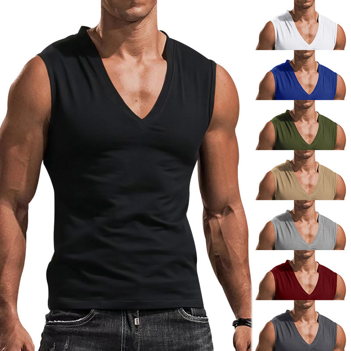 Men's fitted tank top with deep V-neck and stretch cotton blend StylebySassy