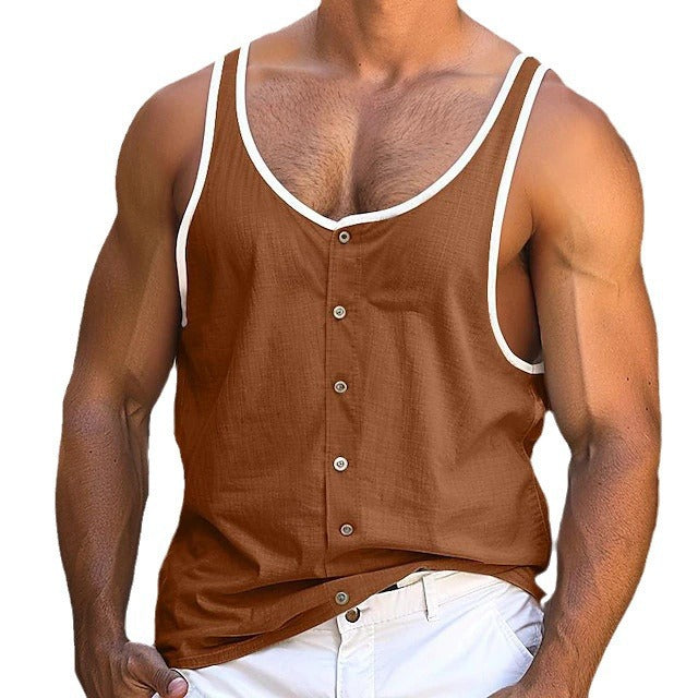 Men's linen look tank top with visible button placket and contrast binding StylebySassy