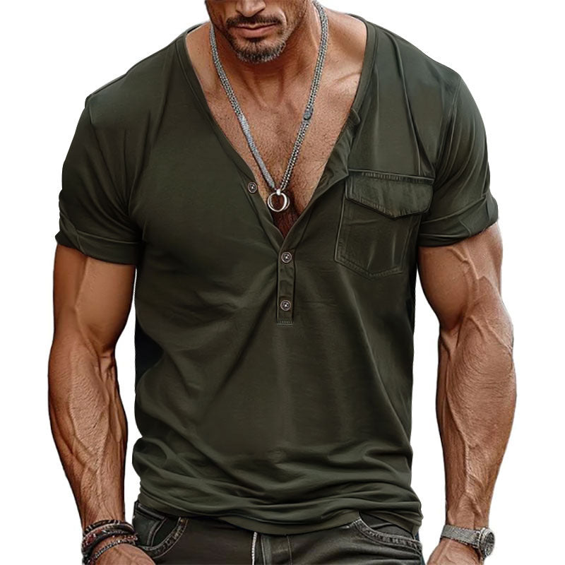 Men's nano athletic short sleeve shirt with deep V-neck, button placket and chest pocket StylebySassy