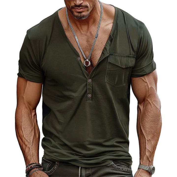 Men's nano athletic short sleeve shirt with deep V-neck, button placket and chest pocket StylebySassy