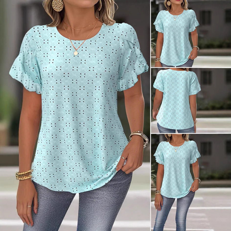 Women's Broderie Anglaise Blouse with Double Ruffle Sleeves and Casual Hip Length StylebySassy
