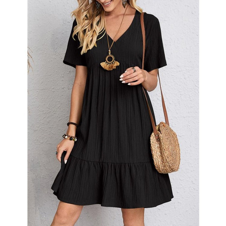 Ladies Nan Crepe Short Dress with V-Neck, Gathered Empire Seam and Ruffled Hem StylebySassy