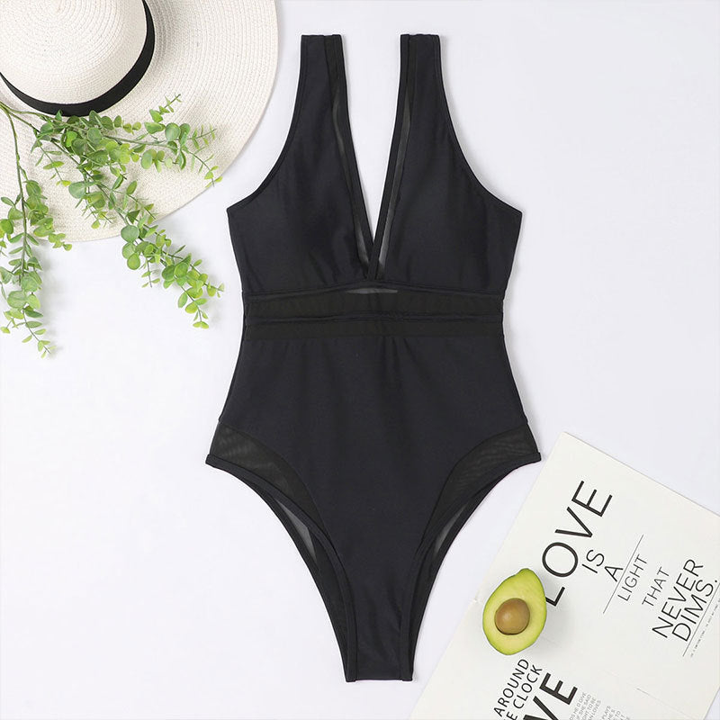Women's one-piece swimsuit with deep V-neck and transparent inserts StylebySassy
