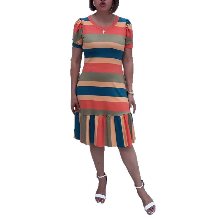 Women's striped jersey dress A-line cut with short puff sleeves and ruffle hem StylebySassy