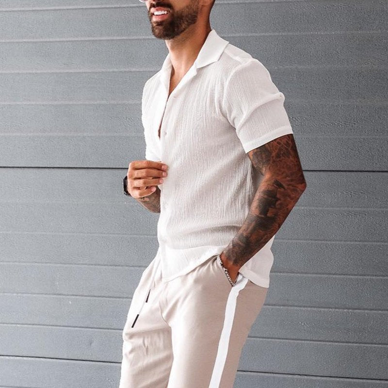 Men's airy beach shirt made of linen blend with lapel collar and open button placket StylebySassy