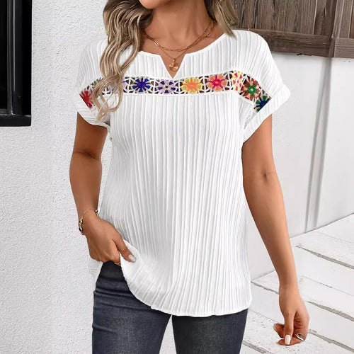 Women's cropped ribbed top with lace trim and V-slit StylebySassy