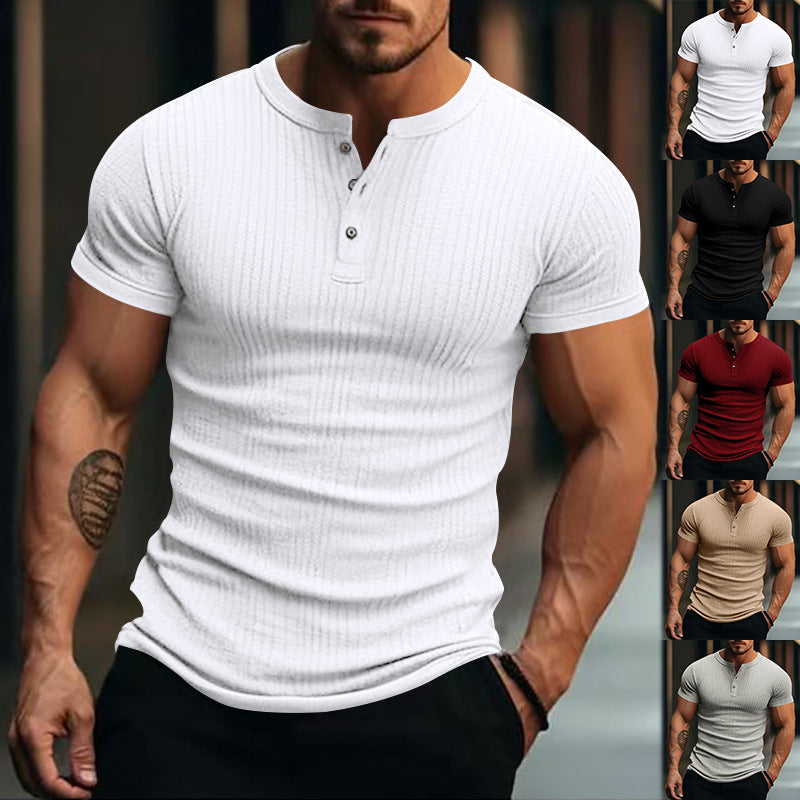 Men's fitted short sleeve Henley shirt with ribbed texture and short button placket StylebySassy