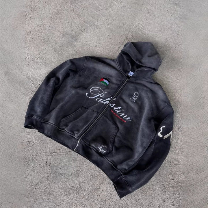 Unisex nan Oversize Hoodie Set in Vintage Look with zipper, expressive embroidery and wide sweatpants StylebySassy