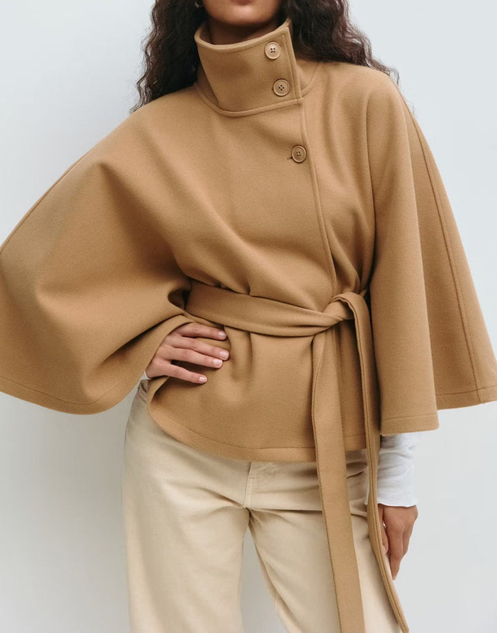 Women's oversized wool cape coat with stand-up collar and tie belt StylebySassy