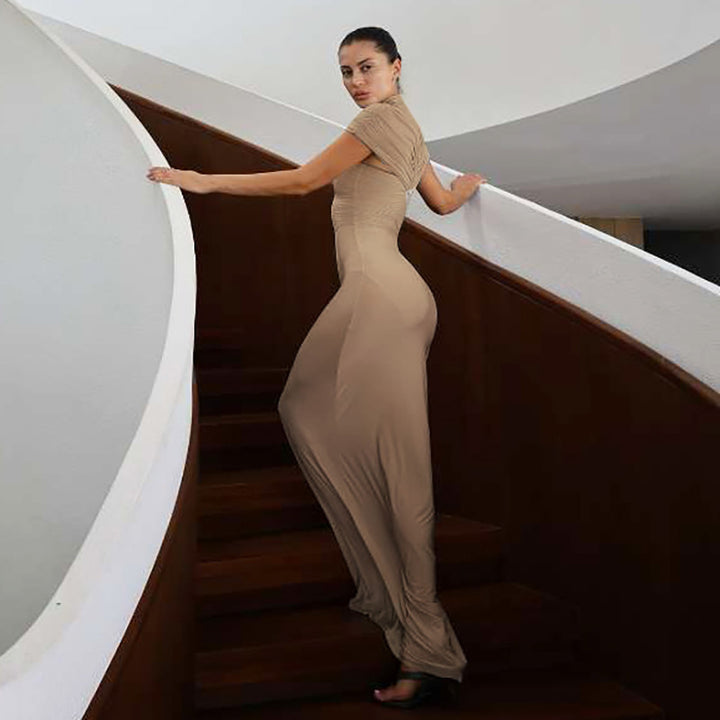 Women Elegant floor-length dress with intricate draping details StylebySassy