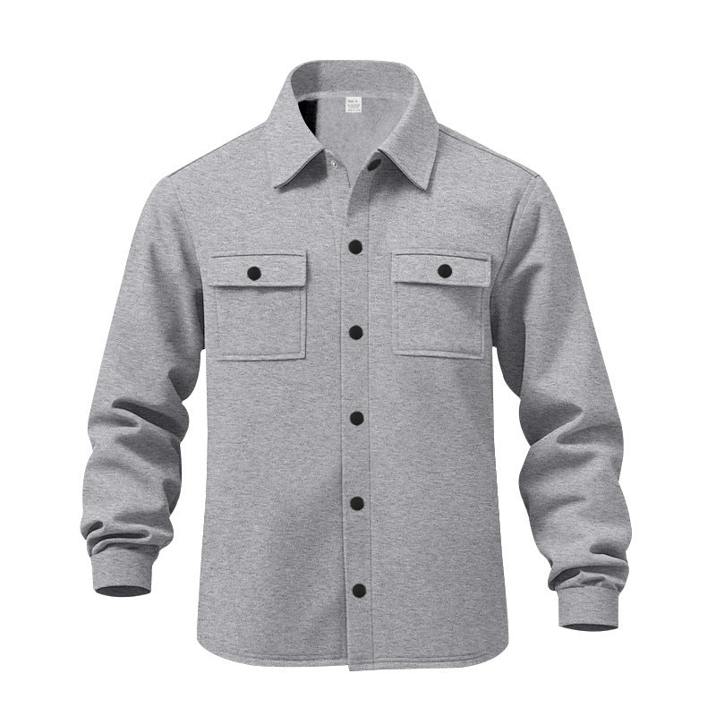 Men's unlined shirt jacket with fleece lining, patch chest pockets and snap button placket StylebySassy