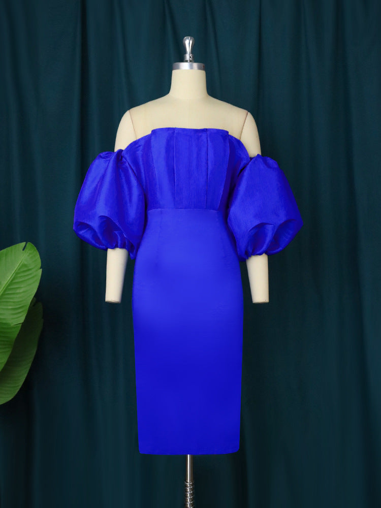 Ladies fitted dress with off-shoulder design and voluminous puff sleeves StylebySassy
