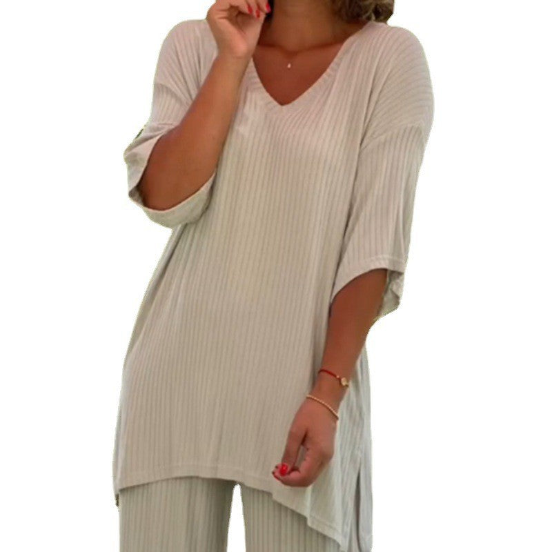Women's two-piece travel and loungewear set made of soft ribbed jersey with a longline tunic and palazzo pants StylebySassy