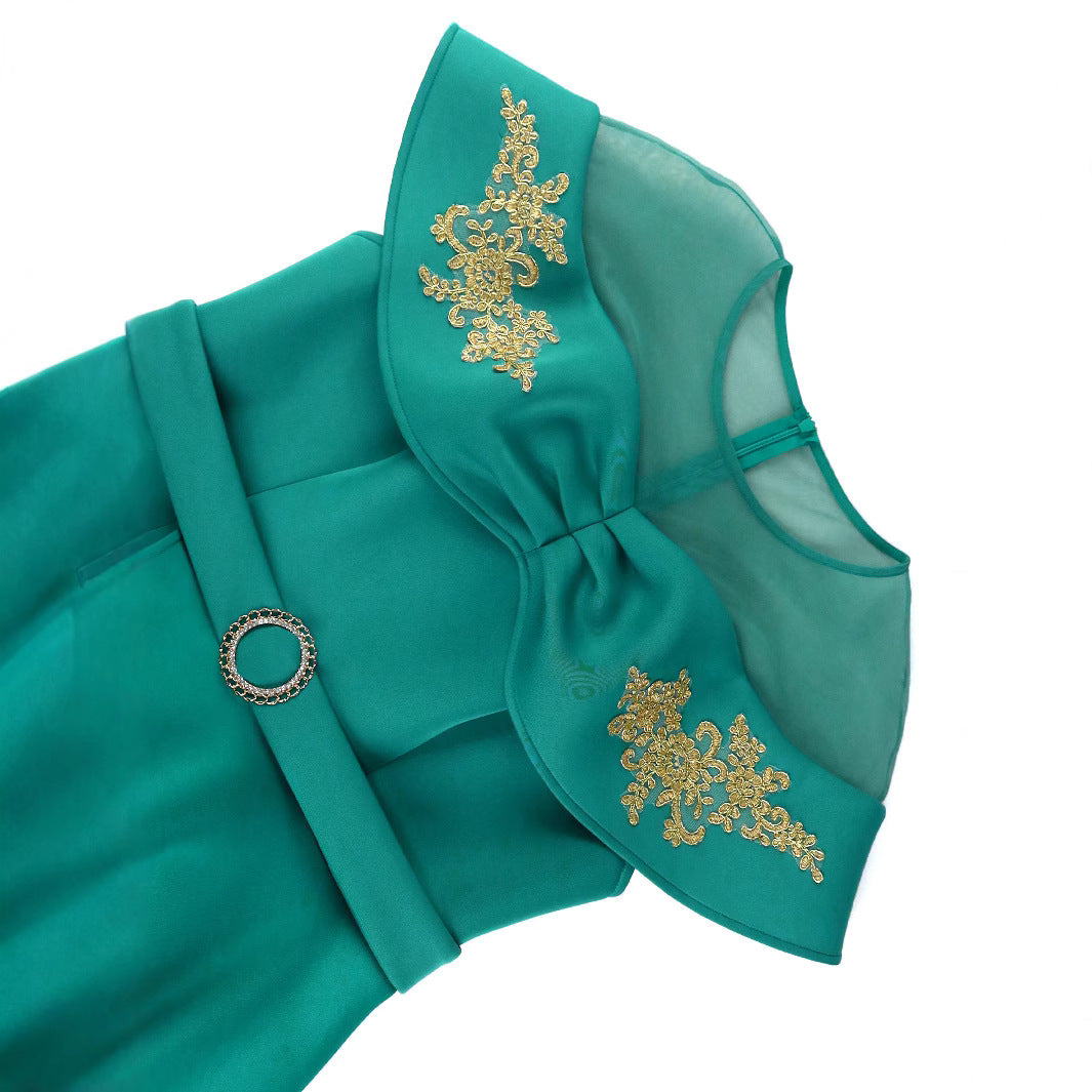 Women Elegant Maxi Dress with Transparent Sleeves and Decorative Appliqués StylebySassy
