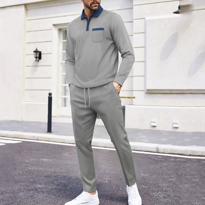 Men's travel set made of structured jersey with long sleeve polo shirt, chest pocket, and slim fit drawstring pants StylebySassy