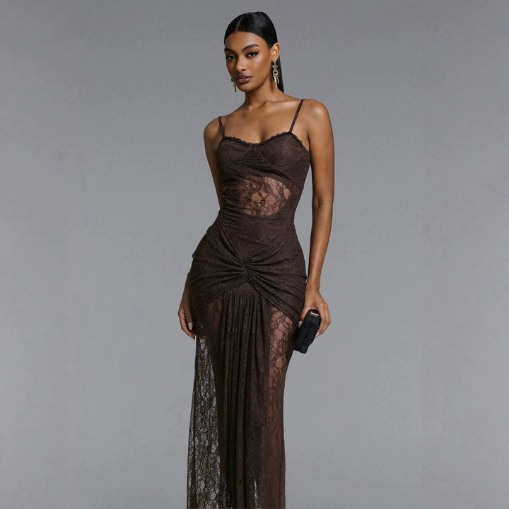 Women Elegant Lace Maxi Dress with Sophisticated Draping StylebySassy