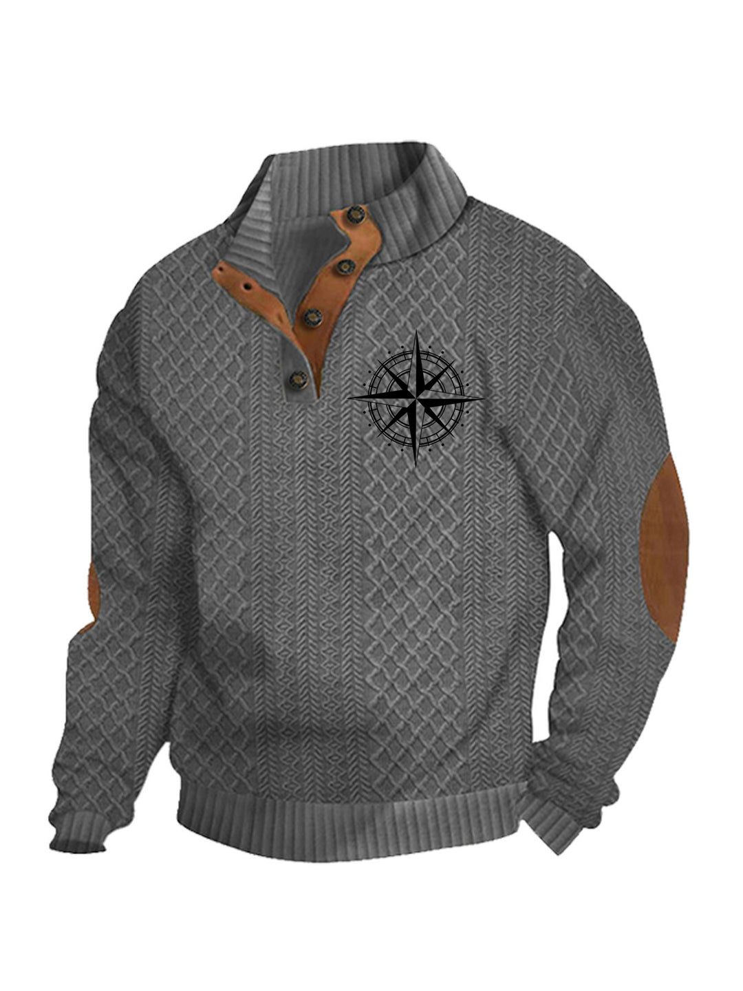 Men's nan Heritage textured pullover with stand-up collar faux leather trim elbow patches and half-button placket StylebySassy