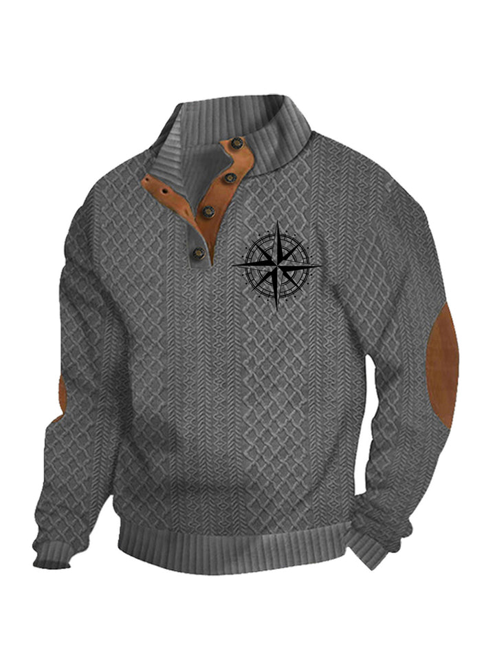 Men's nan Heritage textured pullover with stand-up collar faux leather trim elbow patches and half-button placket StylebySassy