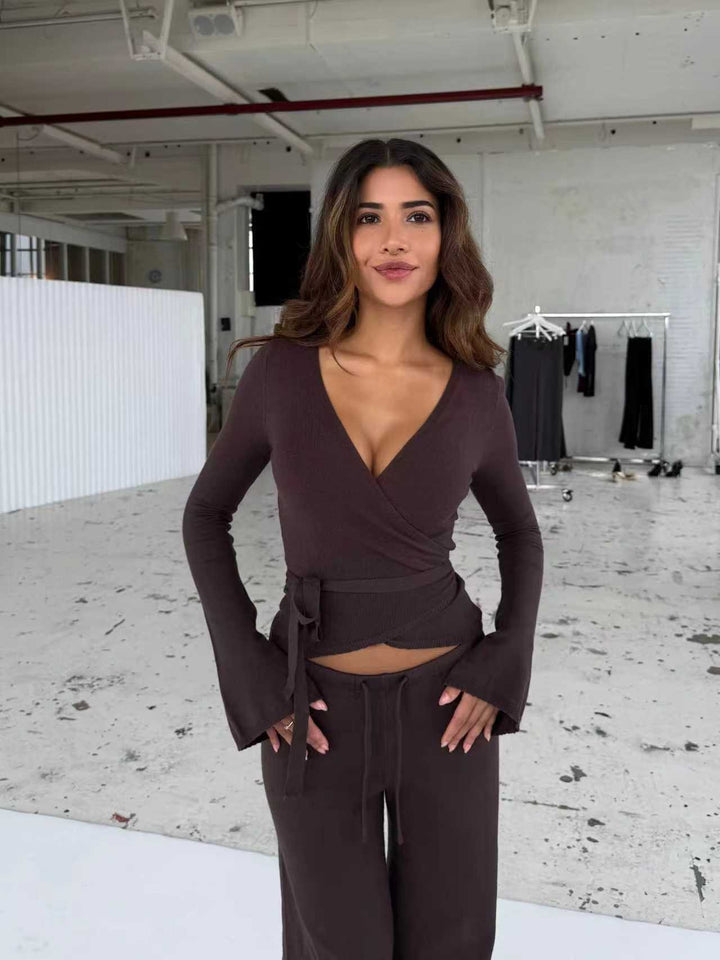 Ladies' fine knit wrap set with deep V-neck, waist tie belt and wide comfort pants StylebySassy