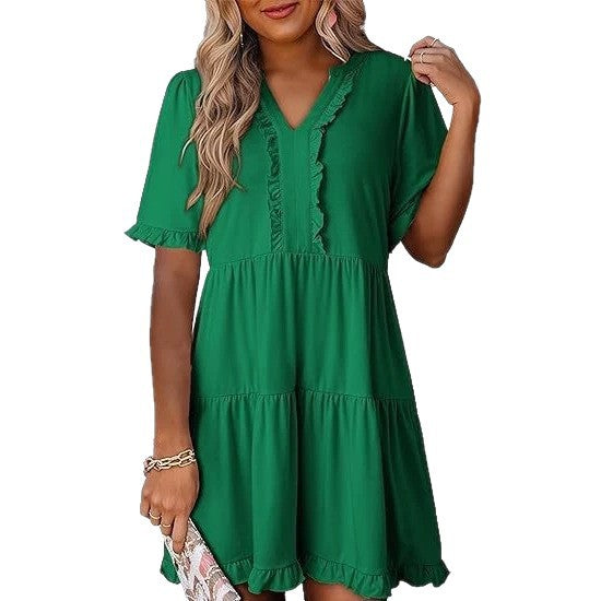Women's lightweight swing dress with V-neck, tiered skirt and delicate ruffles StylebySassy