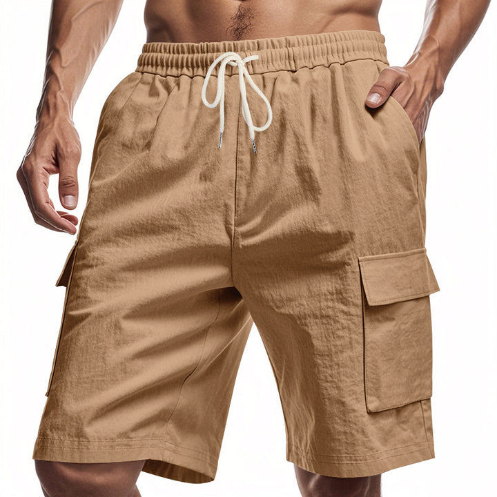 Men's technical cargo shorts with elastic drawstring waistband, secure flap pockets, and quick-drying functional material StylebySassy
