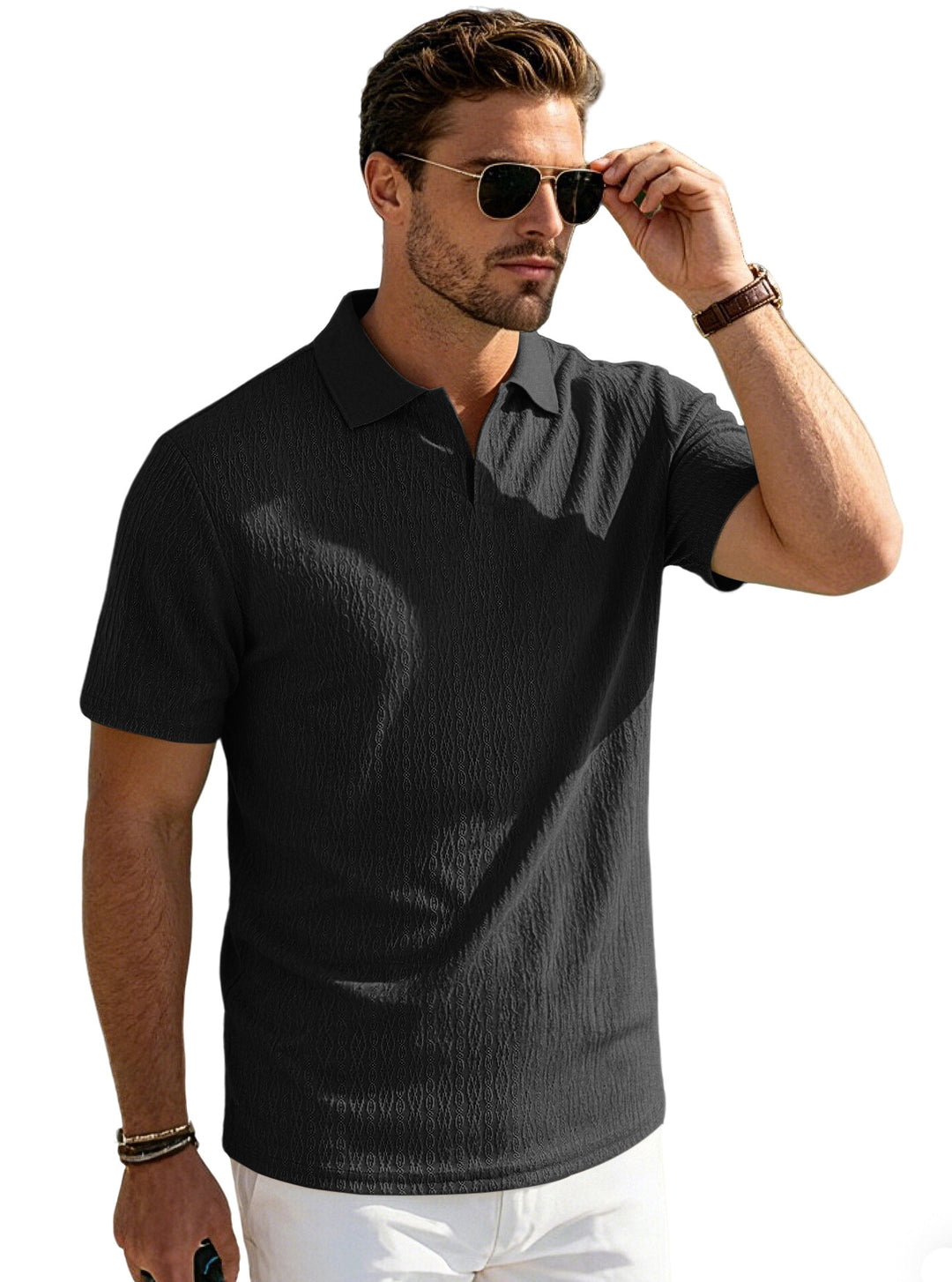 Men's elegant short-sleeve polo made of structured micro-jacquard cotton blend with shape-retaining shirt collar StylebySassy