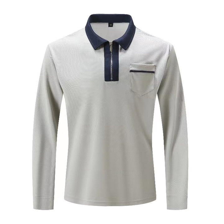 Men's elegant long-sleeve polo shirt with distinctive stand-up collar metal short zip and chest pocket StylebySassy