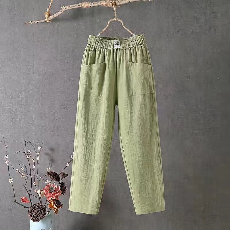 Women's straight-cut linen-look pants with elastic waistband and patch front pockets StylebySassy