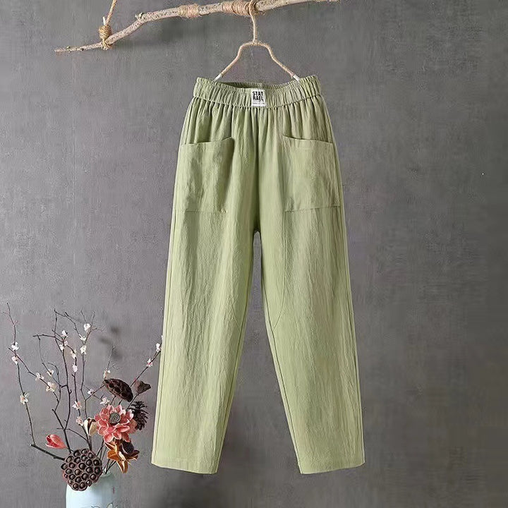 Women's straight-cut linen-look pants with elastic waistband and patch front pockets StylebySassy