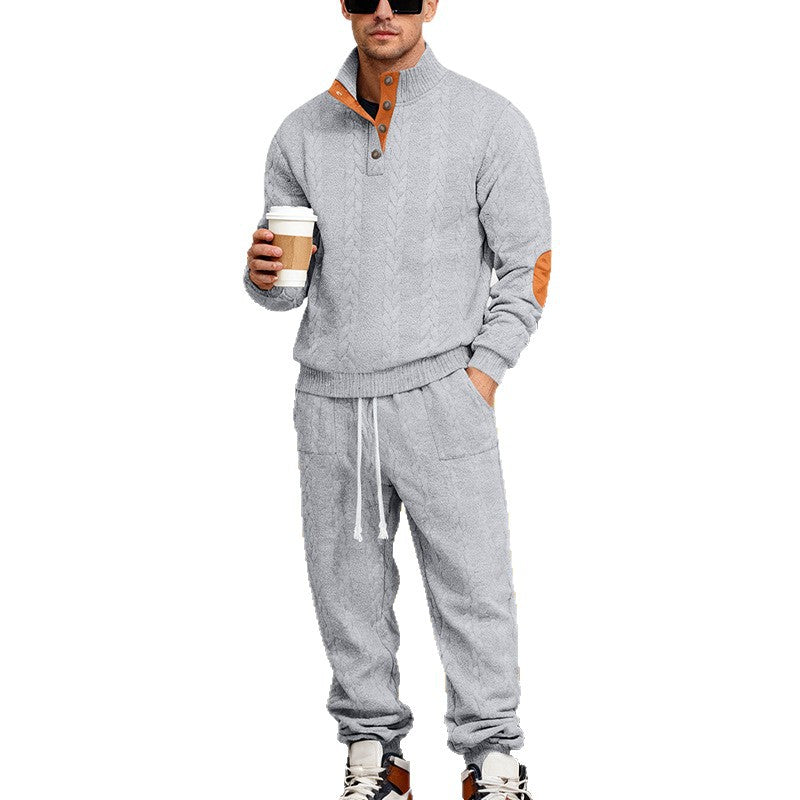 Men's knitted combination of sweater and joggers with cable pattern and elbow patches StylebySassy