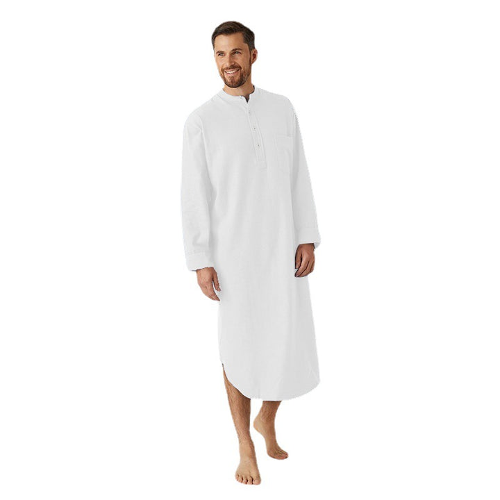 Men's long loose shirt with stand-up collar, chest pocket, and curved hem StylebySassy