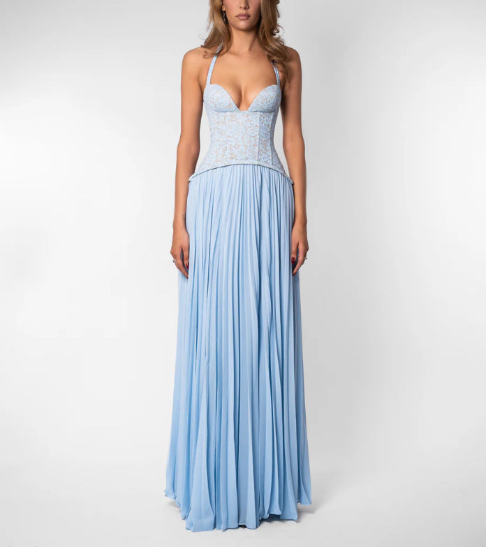 Ladies nan halter neck corset dress with lace corset and flowing pleated skirt StylebySassy