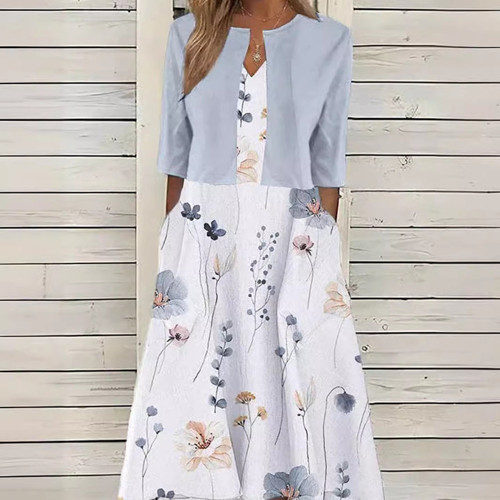 Women's maxi dress with separate bolero, V-neck, inset pockets, and floral A-line silhouette StylebySassy