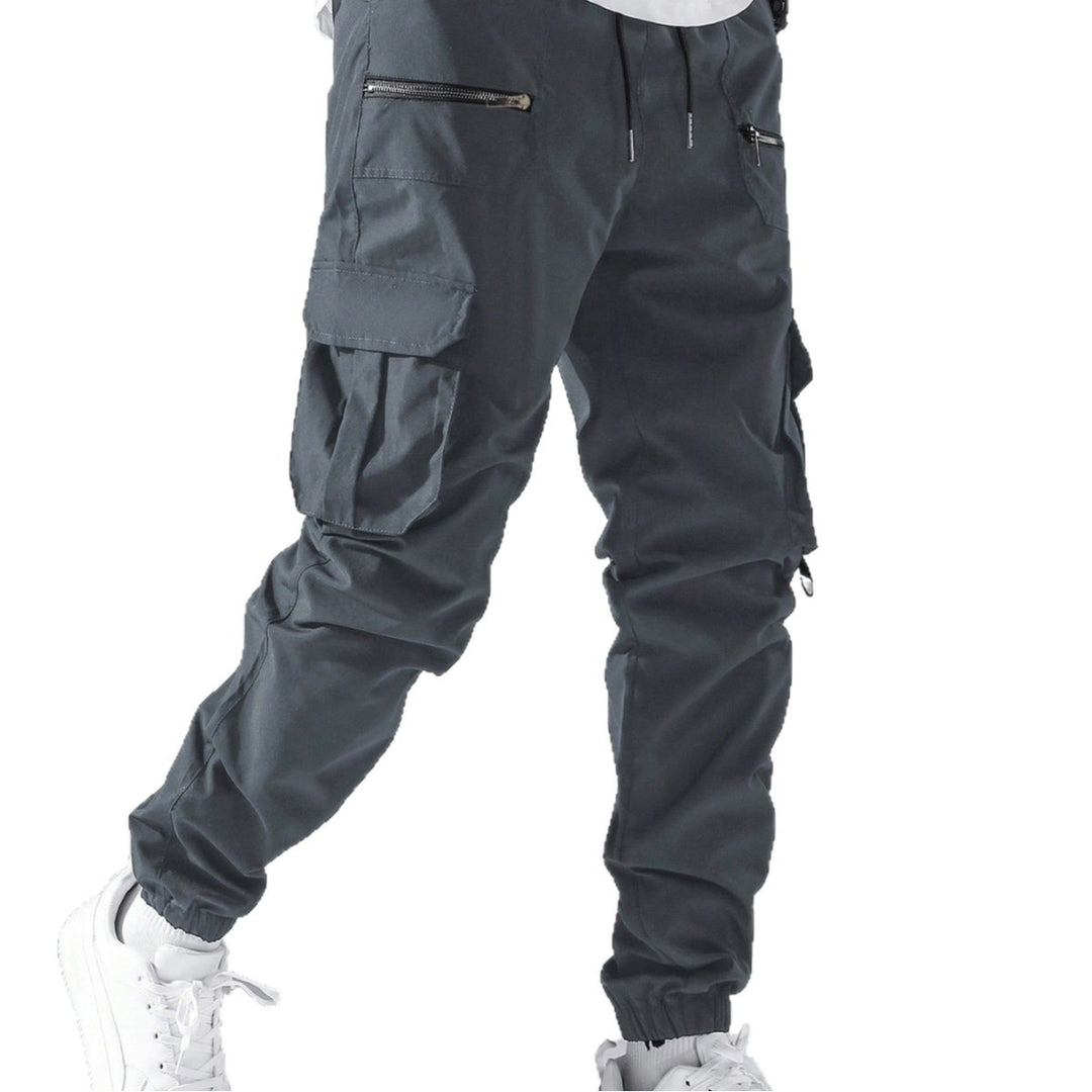 Men's slim cargo joggers with multiple zippered pockets, elastic ankle cuff, and drawstring StylebySassy