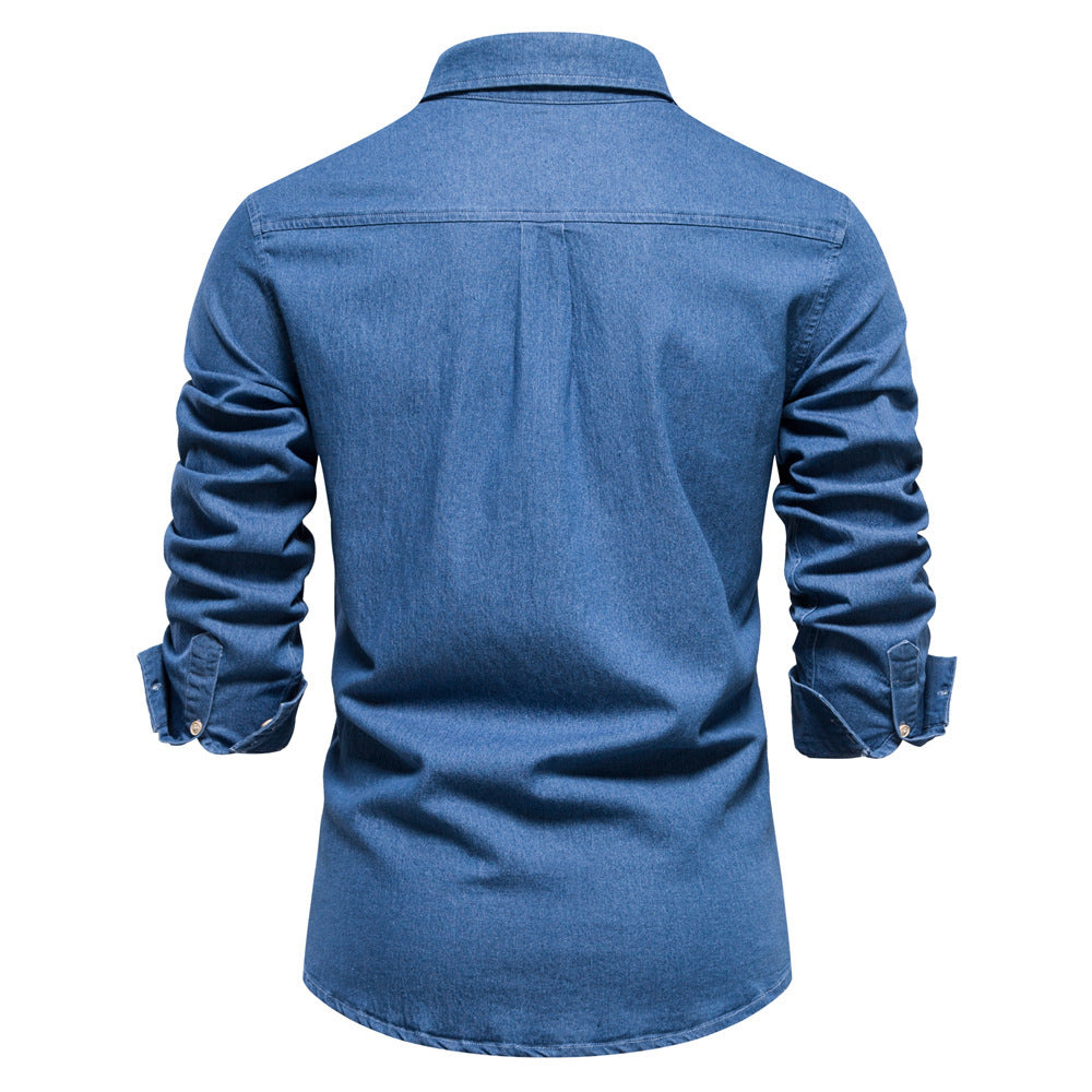 Men's narrow cut denim shirt with Kent collar and patch chest pockets StylebySassy