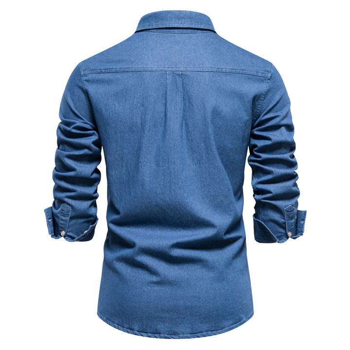 Men's narrow cut denim shirt with Kent collar and patch chest pockets StylebySassy