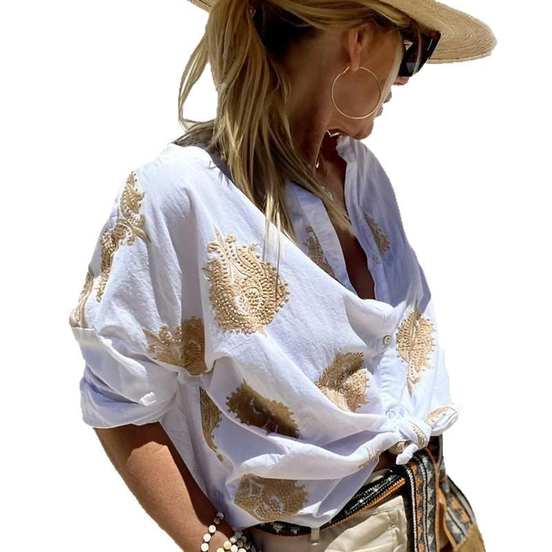 Women's oversized shirt blouse with knot front and paisley embroidery StylebySassy