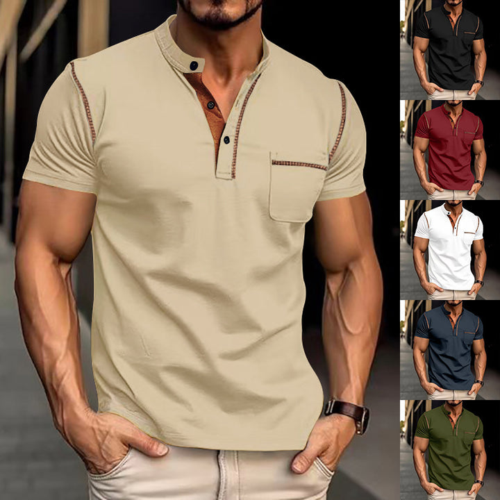 Men's short-sleeved polo shirt with stand-up collar button placket chest pocket made of elastic cotton blend StylebySassy